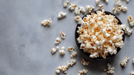 A simple minimalist composition featuring a black bowl filled with freshly popped golden brown popcorn set against a neutral gray background with scattered kernels around the bowl
