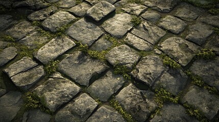 Hyper realistic 3d render Cobblestone Texture: Mossy Stone Pavement Background AI Generative