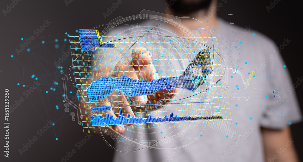 Poster Stock photo of a person interacting with a futuristic holographic display showing data charts and graphs.