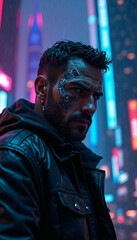 Cyberpunk Man in the Rain