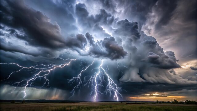 Dramatic stormy skies with thick grey clouds and lightning illuminating the darkness - Powered by Adobe