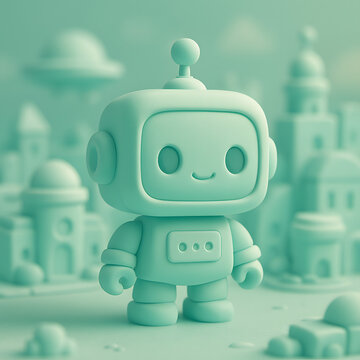 A soft pastel 3D rendering of a kawaii robot figurine in a futuristic toy city