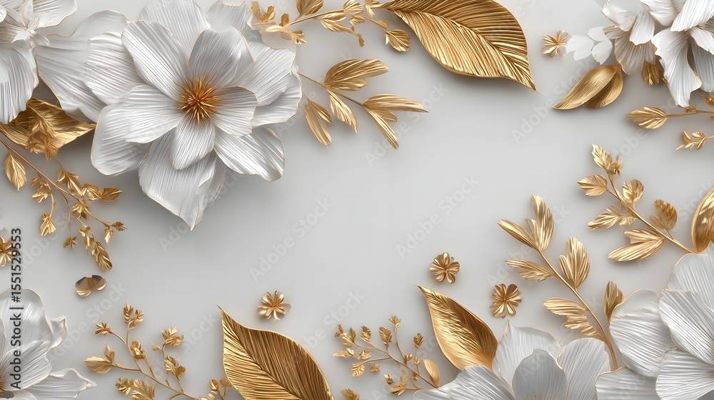 Aufkleber refined and minimalist 3d white floral relief design with delicate gold leaves and petals creating a
