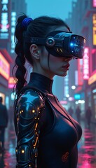 Cyberpunk Woman in VR Headset on Neon City Street