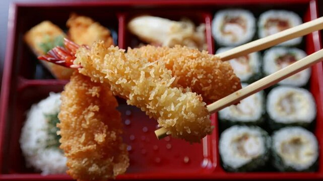 A red bento box filled with sushi, tempura, rice, and other japanese delicacies being picked with chopsticks