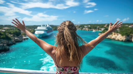 Naklejka premium A woman raises her arms wide in joy as she takes in the stunning vista from a cruise ship, symbolizing freedom and the exhilaration of travel on the open sea.