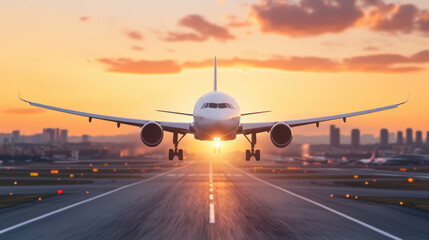 A white airplane is flying over a city at sunset
