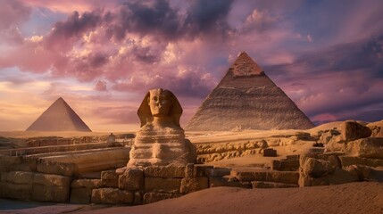 The majestic Sphinx and towering pyramids of Giza bathed in the warm golden light of a stunning sunset over the Egyptian desert