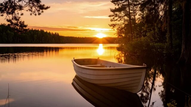 Picturesque scene of a rowboat resting on a calm lake surface during a vibrant sunset with colorful reflections.