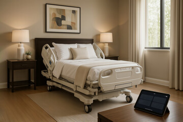 Modern Home Care Bed. An adjustable medical bed in a beautifully furnished bedroom with a tablet, suggesting modern home healthcare.