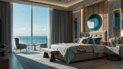 Modern luxurious hotel room overlooking inspiring ocean view