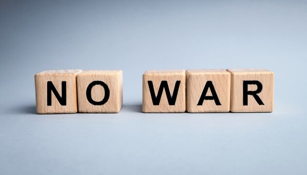 Naklejki no war wooden blocks with bold black letters spelling against a soft gray background for peace themed design, branding, campaign poster, editorial, or social media graphic use  