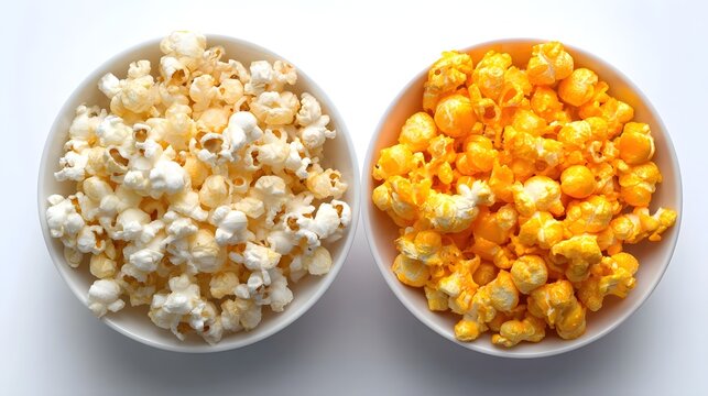 Two side by side bowls filled with classic buttered popcorn and vibrant orange cheese flavored popcorn creating a tempting snack display on a plain white background