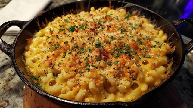 Macaroni and cheese with breadcrumbs and parsley in a black cast iron skillet on a wooden board
