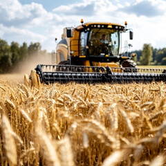 Obraz premium Agricultural machinery harvesting wheat