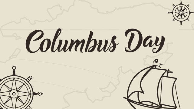 Columbus Day Illustration: Artistic rendering celebrates Columbus Day, presenting a vintage map backdrop adorned with a sailing ship and navigational instruments.