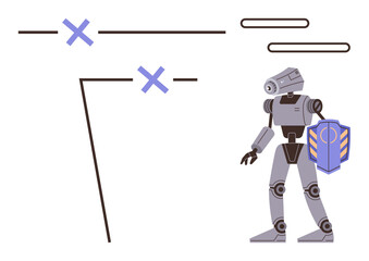Robot equipped with a shield, signifying security, defense, and futuristic technology. Abstract lines suggest systems or data flow. Ideal for AI systems, cybersecurity, automation, innovation