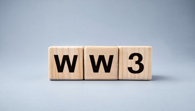 wooden cubes with bold black letters forming ww3 on smooth gray background, symbolizing concept of world war 3 for use in news article, blog, or digital banner design

