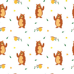 Seamless pattern with bear waving his paw, beehive with honey on a branch, flying leaves down and flowers hand-drawn with trendy textures. Image for printing on wrapping paper and canvas, for kids