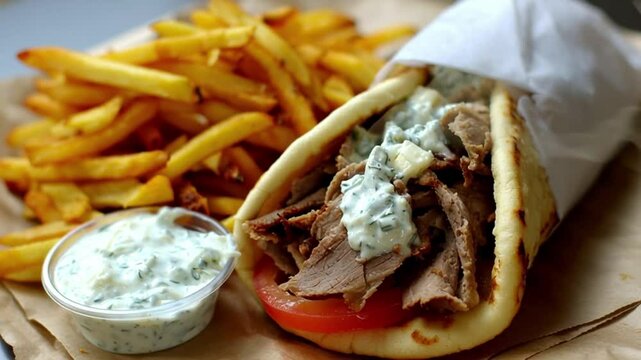 Close up of a gyro with fries and sauce on a paper plate ready to eat for a delicious meal treat