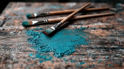 Fototapeta premium A close-up view of vibrant turquoise paint with brushes resting on a rustic wooden surface, demonstrating the beauty of art and the creative process in action.
