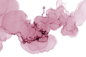 Abstract ink blots in muted rose and mauve hues, creating flowing shapes and textures on a white background. Delicate, swirling patterns
