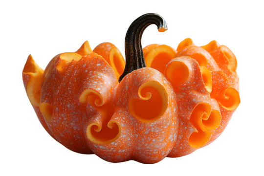 Bright orange pumpkin with curly stem harvest and autumn concept isolated on white background