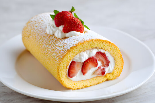 Sponge cake roll with strawberries and cream on plate. Delicious strawberry and cream sponge roll dusted with powdered sugar, served on a white plate. Perfect for bakery ads or dessert menus. - Powered by Adobe