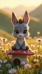 Adorable Cartoon Bunny Sitting on a Mushroom House in a Flower Field