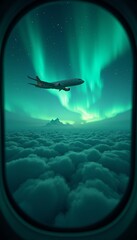 Airplane Flying Above Clouds with Aurora Borealis