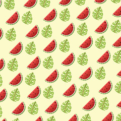 Pattern with watermelon and tropical leaf on beige background