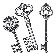 Vector art of three ornate antique keys with intricate designs, isolated on a white background