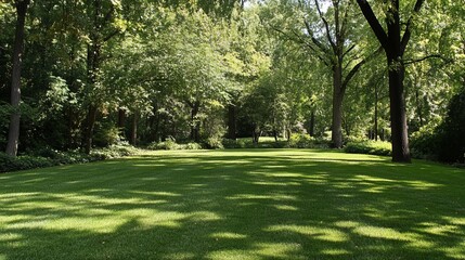 Lush green lawn stretches into a sun-dappled, tree-lined path, creating a serene and peaceful outdoor scene
