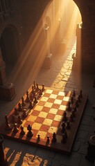Chess Game in Ancient Ruins at Sunset