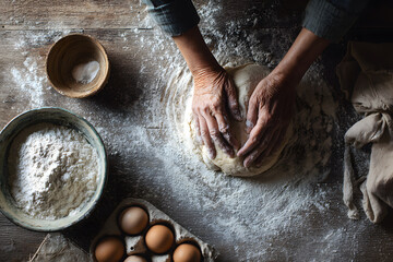 Hands meticulously kneading dough on a wooden countertop sprinkled generously with flour.