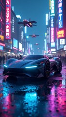 Futuristic Sports Car in Neon-Lit City at Night