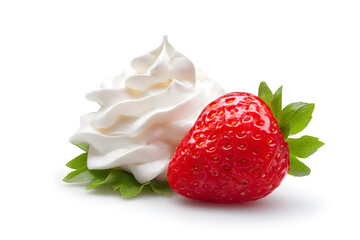Strawberry with whipped cream, isolated on white background. Close-up of ripe strawberry next to a swirl of whipped cream, isolated on a clean white background. Ideal for dessert and snack themes