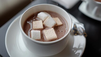 Close up of a white cup filled with hot chocolate and marshmallows on a white saucer surface view - Powered by Adobe