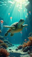 Sea Turtle Gracefully Swimming in a Vibrant Coral Reef
