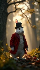 White Rabbit in Red Coat and Top Hat in Autumn Forest