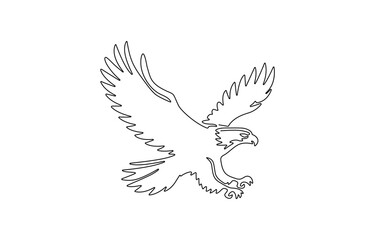 Bird of prey flying in continuous line art drawing style. Eagle in flight black linear design, Flying eagle simple line art illustration. Continuous one line draw.