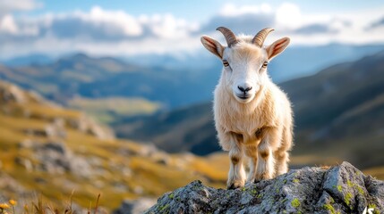 Naklejka premium A young goat stands confidently on a rocky outcrop, set against a stunning mountain backdrop, showcasing the beauty of nature and the cuteness of wildlife in its habitat.