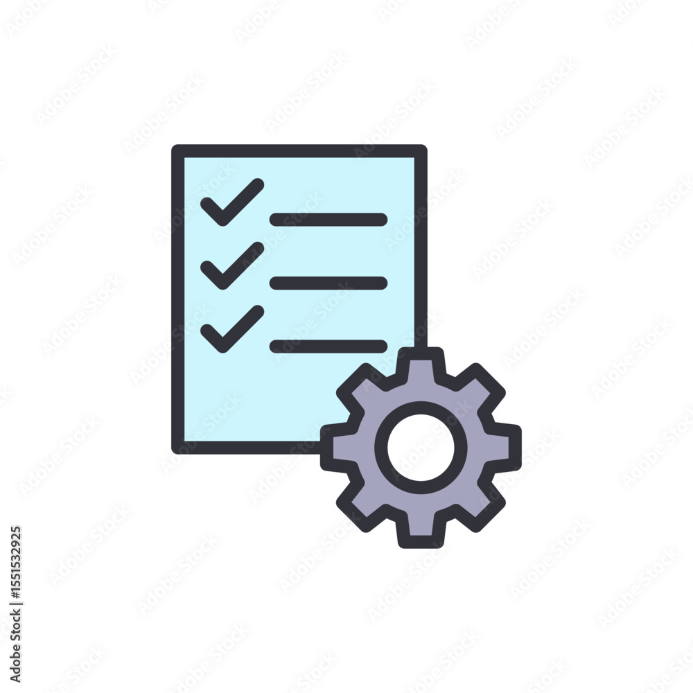 Poster task list with checkmarks and a gear icon, workflow management
