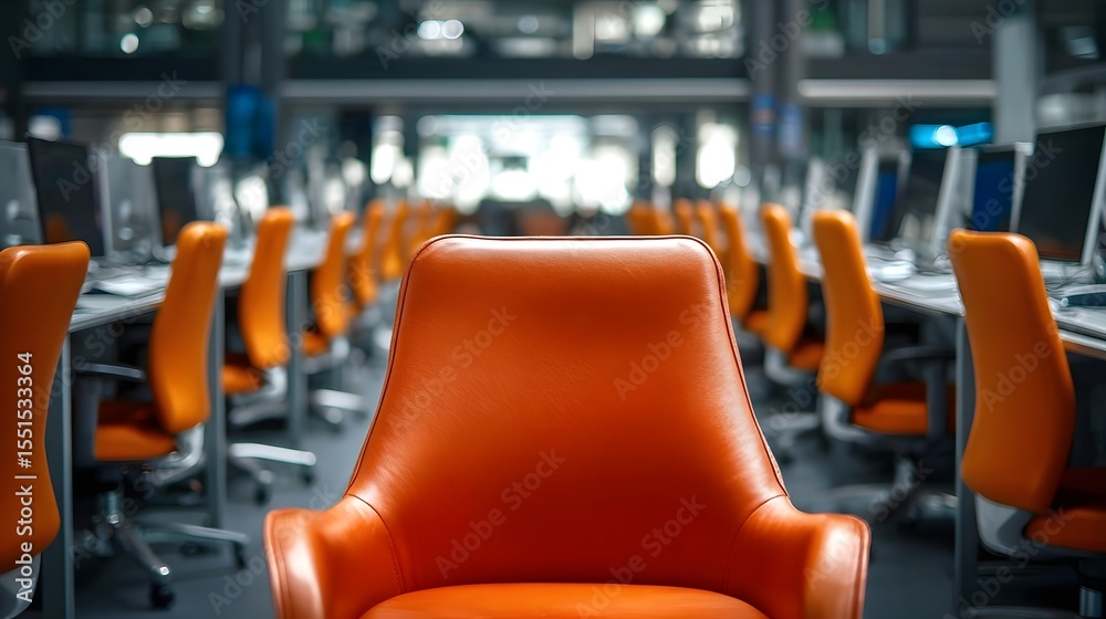 Poster rows of computers and desks in a sleek minimalist office interior with a central focus on an ergonom