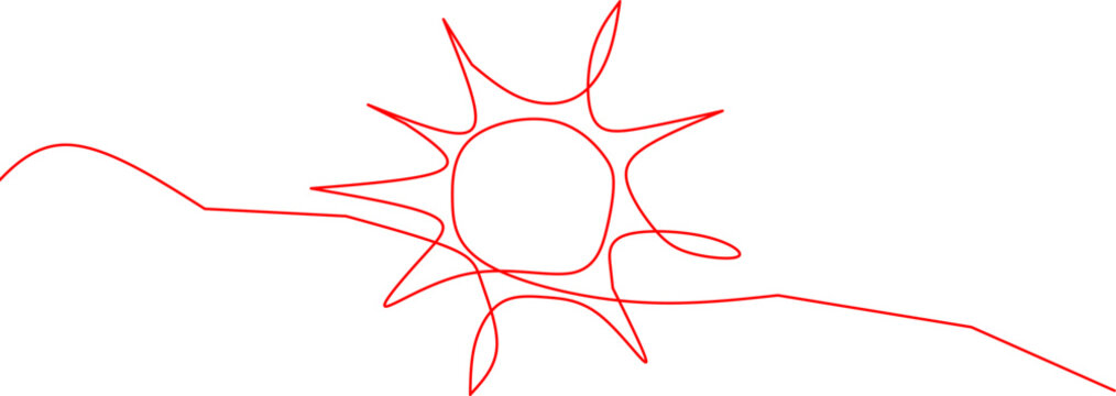 Abstract one-line drawing of a sun with irregular rays over a wavy horizon. Perfect for summer, nature, creativity, or minimalist artistic design themes.