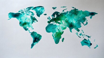 A watercolor map of the world in vibrant turquoise and green hues on a white background showcasing the global geography and continents