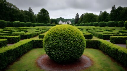 A beautifully maintained formal garden featuring precisely trimmed hedges a symmetrical layout and a single round shrub in the foreground set against an overcast atmospheric sky