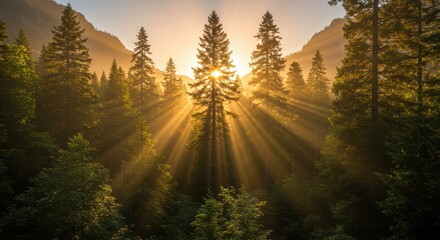 Golden Sunlight Piercing Forest Canopy