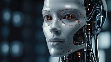 Close-up view of a White Robot Face with exposed Mechanics against a blurred Background