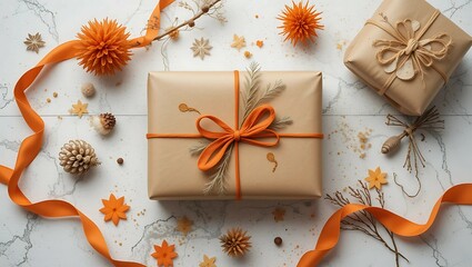 Fototapeta premium Eco-Friendly Gift Wrapping with Kraft Paper, Orange Ribbon, and Natural Autumn Decor – Flat Lay on Marble Background
